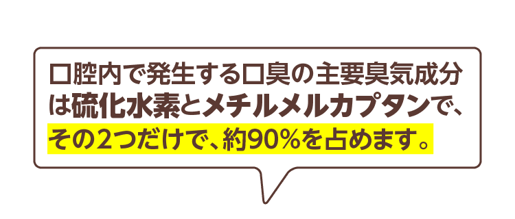 口腔内で発生する口臭の主要臭気成分は硫化水素とメチルメルカプタンで、その2つだけで、約90%を占めます。