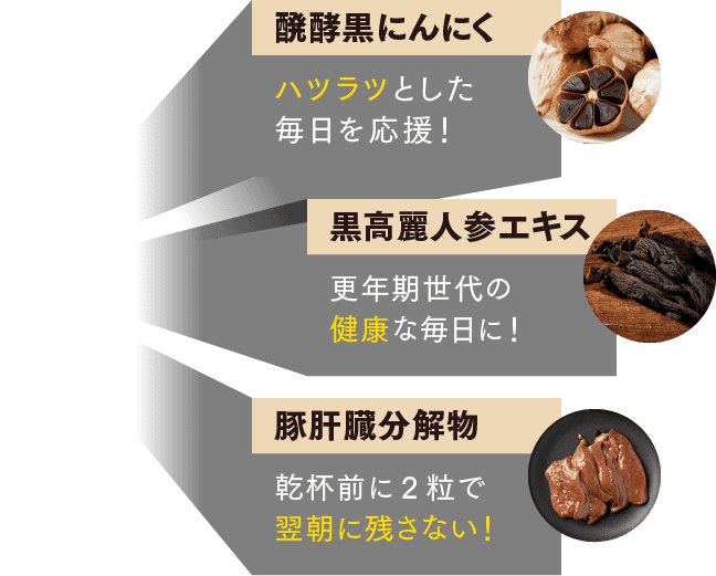 醗酵黒にんにく ハツラツとした毎日を応援！/ 黒高麗人参エキス 更年期世代の健康な毎日に！ / 豚肝臓分解物 乾杯前に2粒で翌朝に残さない！