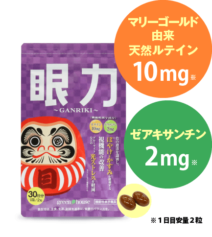 眼力～GANRIKI～ ぼやけ・かすみの緩和、光ストレスを軽減する【機能性表示食品】｜グリーンハウス株式会社